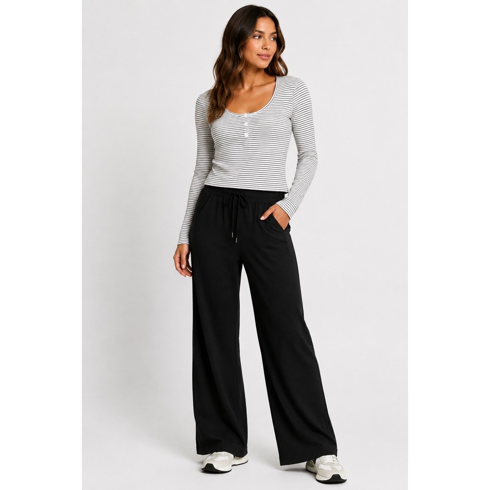 Halara Striped Henley Long Sleeve Scoop Neck Top White Black Womens Large NEW